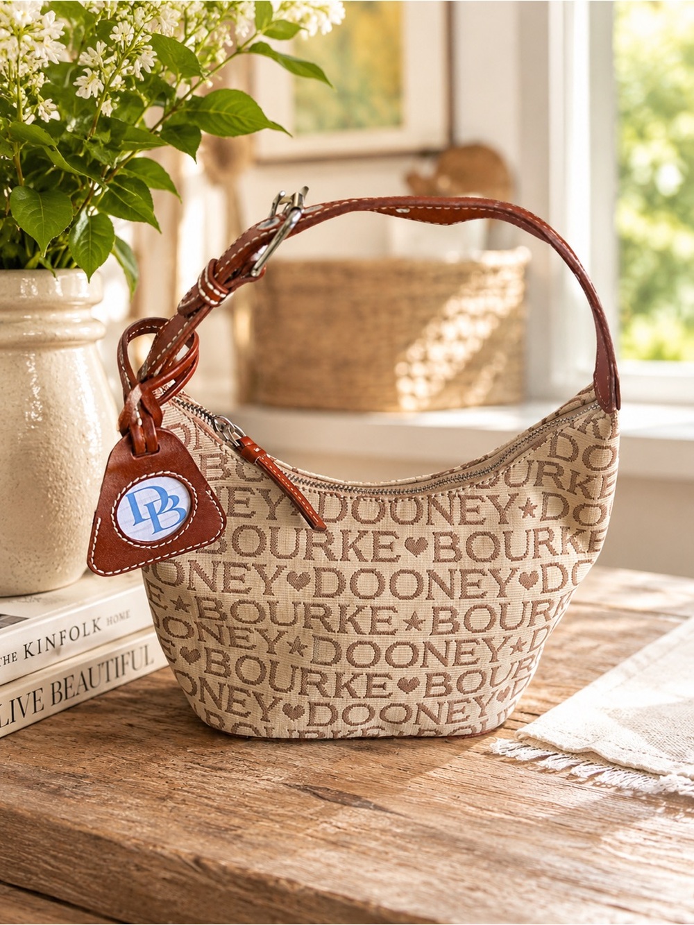 Dooney & Bourke Beige Signature Logo Mini Hobo Bag Brown Leather Trim • Like New
